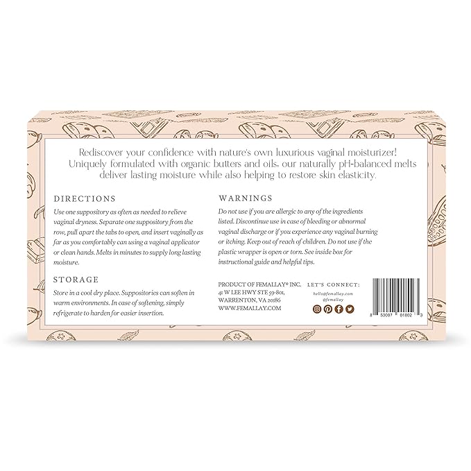 Femallay Organic Vaginal Moisturizing Suppository Melts - 100% Natural Suppositories for Vaginal Odor and Dryness Relief, Ultra-Hydrating Fast-Acting Comfort (Chocolate)