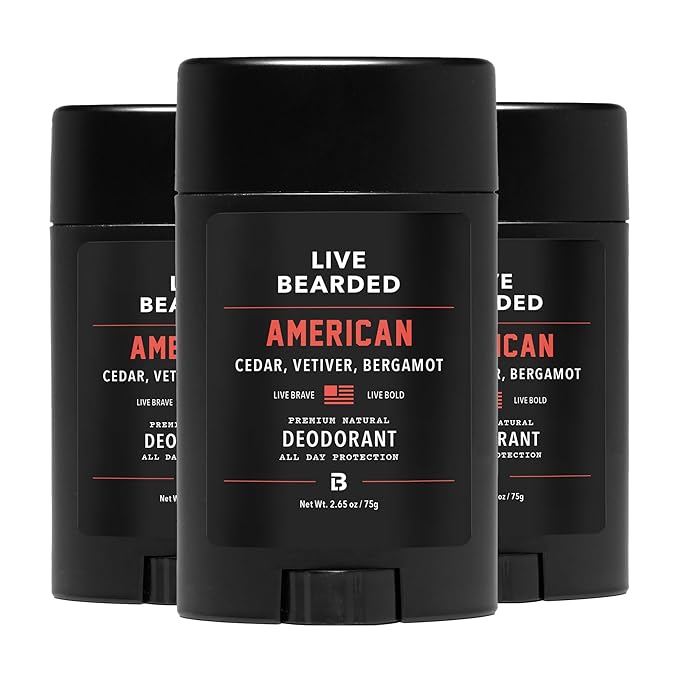 Live Bearded Men's Deodorant - Long Lasting, Aluminum Free, All Natural, Activated Charcoal Deodorant for Men, Travel Size - American, 3 Stick