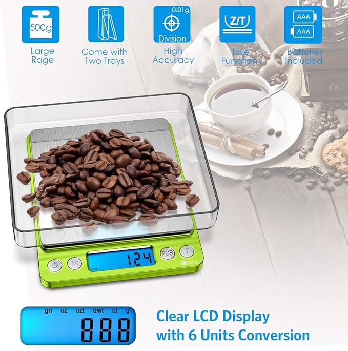 AMIR Digital Kitchen Scale, 500g-0.01g Mini Pocket Jewelry Scale, Cooking Food Scale with Backlit LCD Display, 2 Trays, 6 Units, Auto Off, Tare, Stainless Steel (Battery Included)