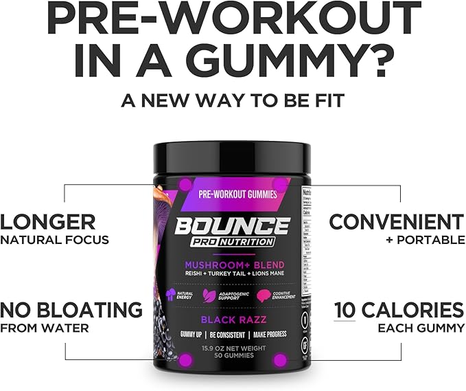 Bounce Pro Pre-Workout Gummies – Natural Focus Blend, Energy Gummies for Men & Women, Functional Mushroom+ Lion’s Mane, Fat-Burning Preworkout for Strength & Endurance (30 Count, Black Razz)