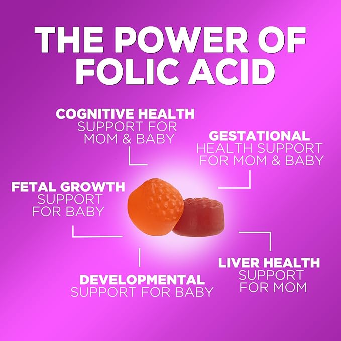 Folic Acid Gummies for Women 785 mcg, Essential Prenatal Vitamins for Mom & Baby, Vegan Folic Supplement Gummy, Daily Vitamin B9 Extra Strength Folate, Before During After Pregnancy - 60 Gummies