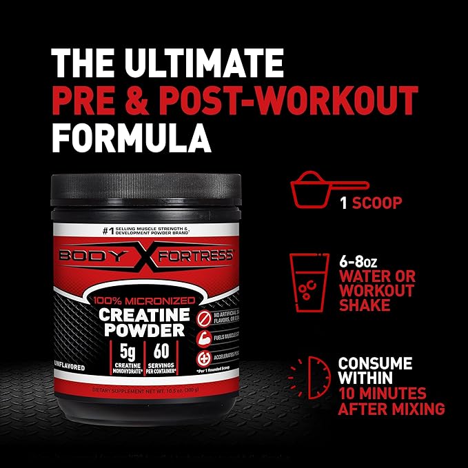 Body Fortress 100% Micronized Creatine Monohydrate Powder, 300g (60 Servings, 5g Scoop) – Unflavored Creatine Supplement for Muscle Strength, Power & Post-Workout Recovery