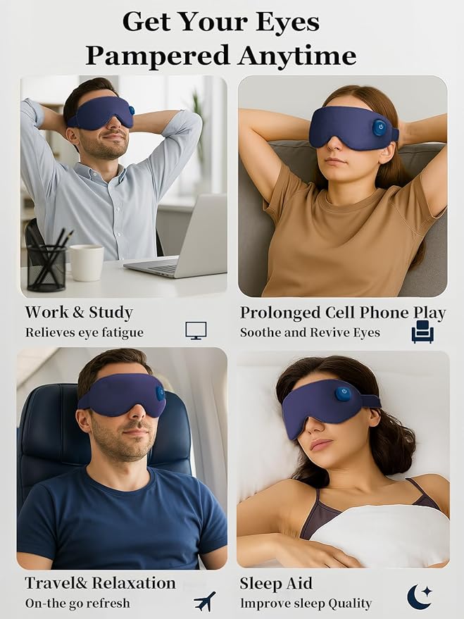 Cordless Heated Eye Mask, Warm Eye Compress for Dry Eyes, Blocking Light Sleeping Mask for Women Men, Washable Eye Heating Pad for Travel, Dry Eyes, Blepharitis, Sinus Migraine (Blue)