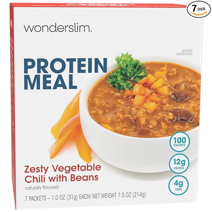 WonderSlim Protein Meal, Zesty Vegetable Chili w/Beans, 12g Protein, 4g Fiber, Gluten Free (7ct)