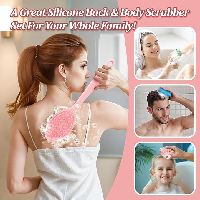 Silicone Back/Body/Face Scrubber & Soft Bath Glove Set 4PCS, Gentle Exfoliating Back & Body Scrubber with Dual-Side Brush Head, Hand-fit Bath Glove & Face Scrubber for Deep Cleaning(Pink-4PC)