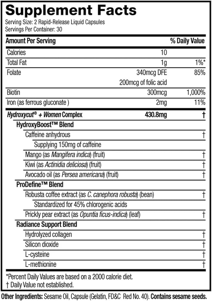 Hydroxycut +Women - 60 Rapid-Release Liquid Capsules, Pack of 2 - Includes Biotin, Collagen, Folate & Iron