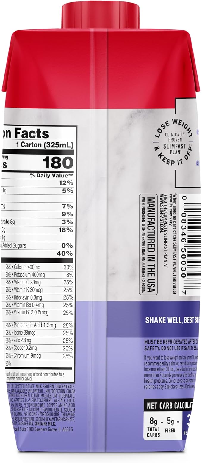 SlimFast Protein Shake, Chocolate- 20g Protein, Meal Replacement Shake Ready to Drink, High Protein with Low Carb and Low Sugar, 24 Vitamins and Minerals, 12 Count (Pack of 1) (Packaging May Vary)