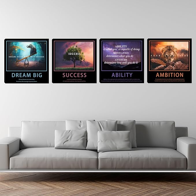 Motivational Wall Decor Art Office Wall Decor Inspirational Wall Art Success Canvas Paintings Quotes Posters Wall Picture 4 Pieces Framed Artwork Living Room Bedroom Home Decoration 12"x12"x4pcs