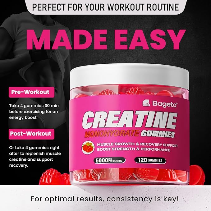 Creatine Monohydrate Gummies 5g for Men Women,Sugar Free Chewables Creatine Pre-Workout for Muscle Strength, Strawberry and Green Flavor, 120 Count