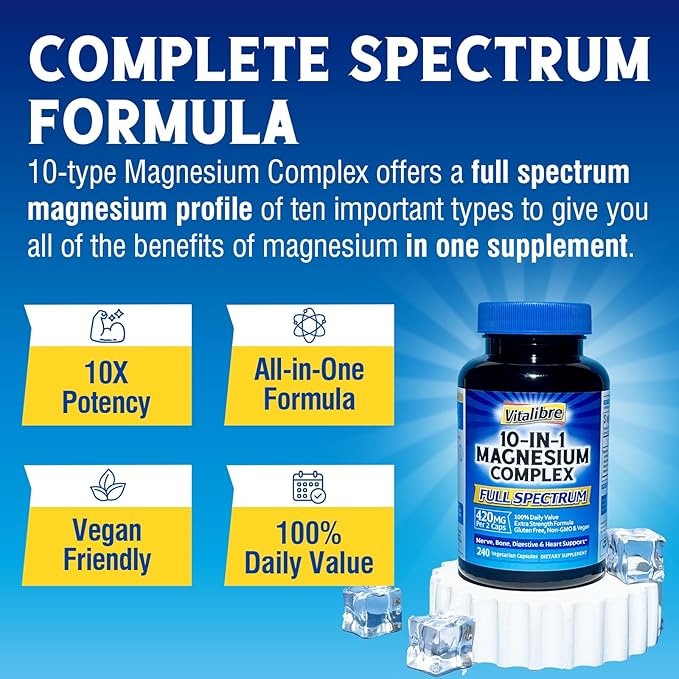 10 in 1 Magnesium Complex, 420mg Elemental Magnesium | Ultra Strength, Max Absorption | Chelated Magnesium Supplement for Sleep, Nerves & Heart Health | Non-GMO, 240 Vegan Capsules