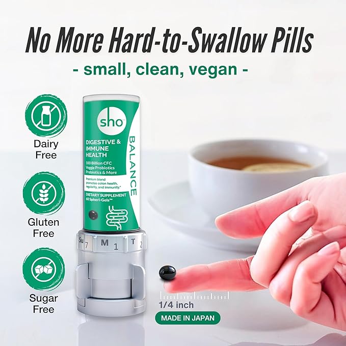 SHO Balance 100 Billion CFU Prebiotics & Probiotics – Supports Digestive & Gut Health – Vegan Supplement for Women & Men – Lactobacillus Casei | Shelf-Stable Bottle | 60 Pills