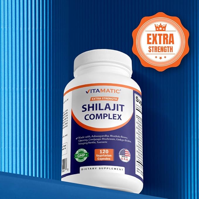 Vitamatic Shilajit Complex Capsules, Made with Ashwagandha, Rhodiola, Ginseng, Cordyceps, Ginkgo, Nettle, Turmeric - 120 Veggie Capsules - Extra Strength Shilajit Extract for Men & Women