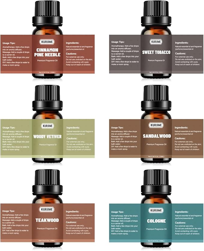 Essential Oils Set, Men Scents Fragrance Oil Essential Oils for Diffuser - Sandalwood, Teakwood, Sweet Tobacco, Cinnamon & Pine Needle, Woody Vetiver, Cologne Aromatherapy Oils for Men, 6x10ml