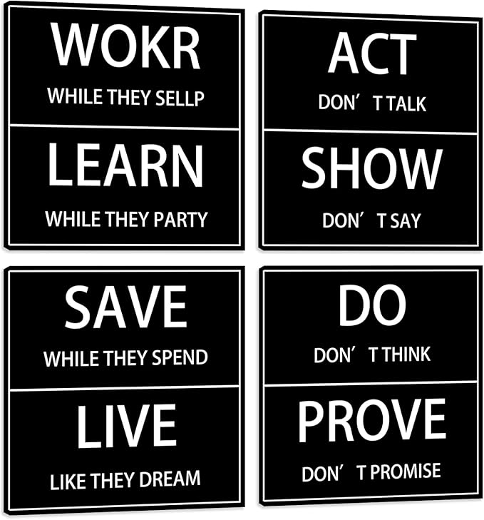 Inspirational Wall Art Poster Office Wall Decor Motivational Canvas Wall Art Decor for Office Living Room Bedroom Positive Quotes Framed Art Work for Wall Painting Picture 12"x12"x4pcs