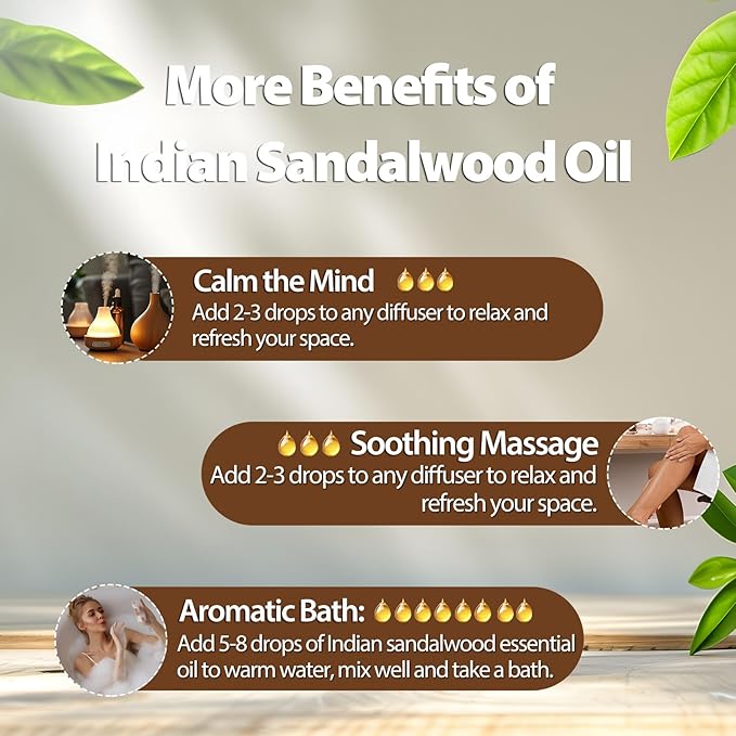 Indian Sandalwood Essential Oil, Pure Premium Natural Oil for Hair Care, Body Skin Care, Aromatherapy, DIY Candle, Soap Making 3.38Fl Oz