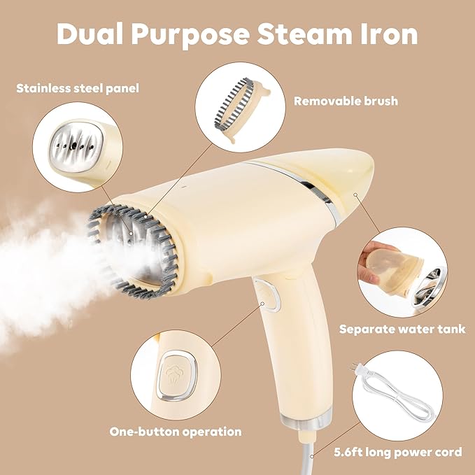 Portable Steamer for Clothes, 25s Fast Heat-up, 1000W Travel Steam Iron Wrinkles Remover with Brush, Foldable Garment Steamer 100ml Water Tank for Home Travel Office (120V Only)
