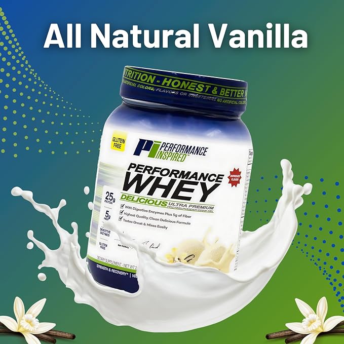 PERFORMANCE INSPIRED Nutrition WHEY Protein Powder – All Natural – 25G Protein – BCAAs – Digestive Enzymes – Fiber Packed – Natural Vanilla – 2lb