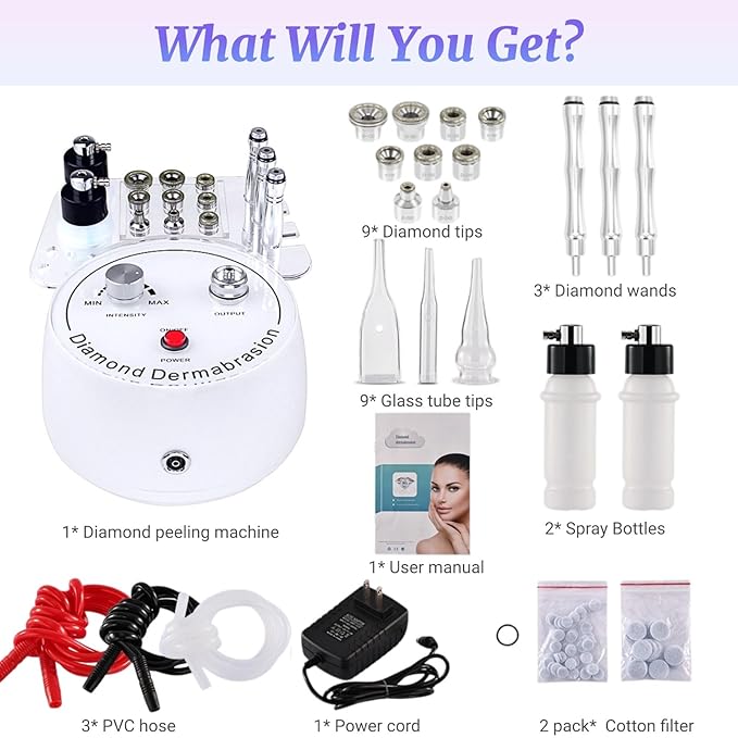 Diamond Microdermabrasion Machine, 64cmHg Suction Power Professional 3 in 1 Dermabrasion Facial Skin Care Device with Spray Bottle and Vacuum Glass Tube, Beauty Equipment for Salon Personal Home Use