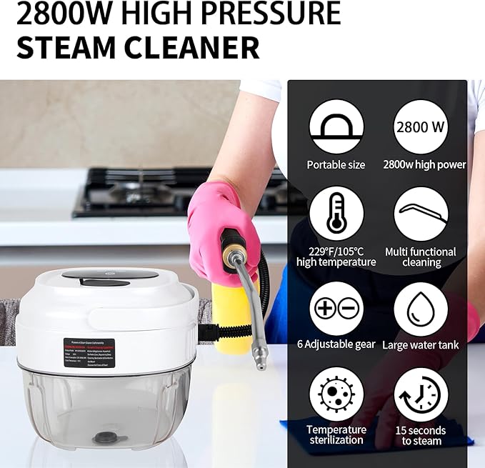 Steam Cleaner,10s Heat-Up,1.5L Tank,6 Level Adjustable Steamer,2800W Steamer for Cleaning,Portable Handheld Steamer with 12PCS Accessories,Suit for Home,Car,Dirt,Grease,Grout,Tile,Couch
