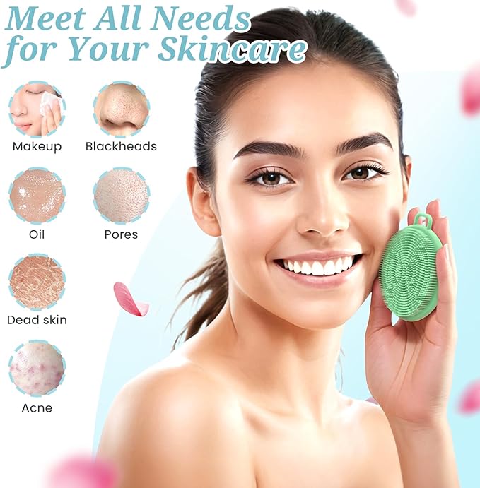 Silicone Back & Body & Face Scrubber Set 3PCS, Gentle Exfoliating Back & Body Scrubber with Dual-Side Brush Head, Hygienic Silicone Loofahs with Soft Bristle and Non-Slip Handle(Green-3PC)