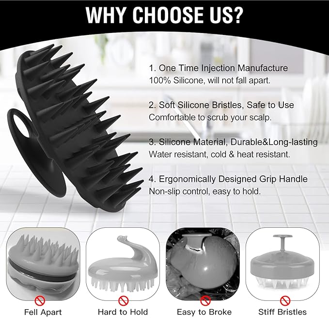 1 Pack Silicone Body Scrubber BEAUTAIL Bath Shower Brush and 1 Pack BEAUTAIL Silicone Scalp Massager Shampoo Brush, Black