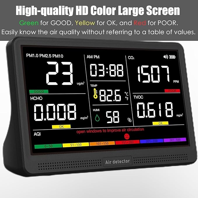 Professional Indoor Air Quality Monitor with 7X AQI Beep Alarms,16 in 1 Portable Real-Time Detector for PM2.5 | PM10 | CO2 | TVOC | HCHO | Temp | Hum for Home Cars Plants Pets