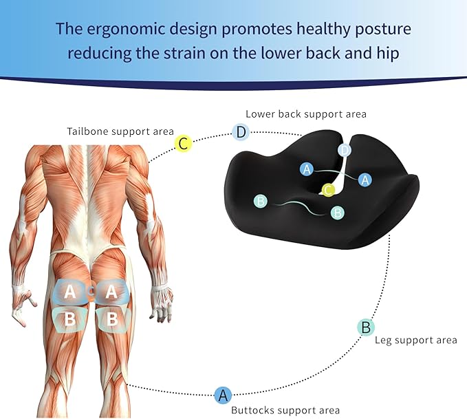 2025 Upgraded XL Memory Foam Tailbone Seat Cushion – Ergonomic Coccyx & Sciatica Support Pillow for Car & Office Chair– Back & Hip Pain Relief – Non-Slip, Comfortable. (Black)