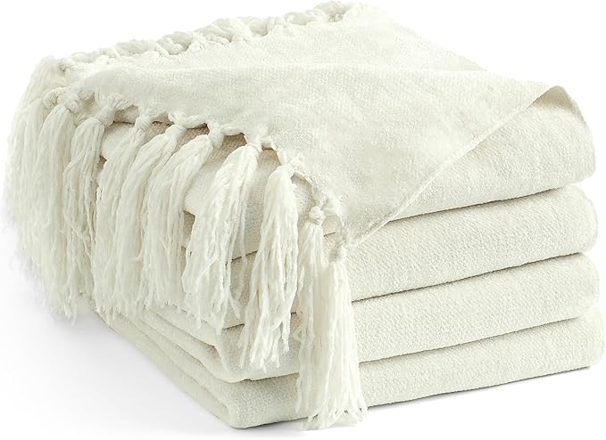 Chenille Throw Blanket for Couch 60"X 80" Twin, Soft Cozy Throws with Fringe Tassel for Bed Sofa Chair Cover, Lightweight Knitted Decorative Boho Blankets for Living Room, Ivory White