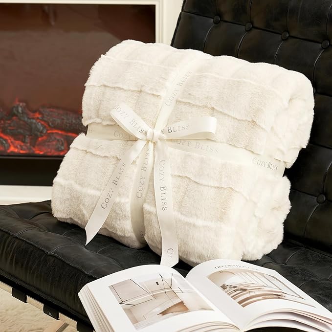 Cozy Bliss Fluffy Faux Fur Throw Blanket for Couch,Lightweight Cozy Soft Cream White Throw Blankets for Sofa Bed Living Room,60x80 Inches