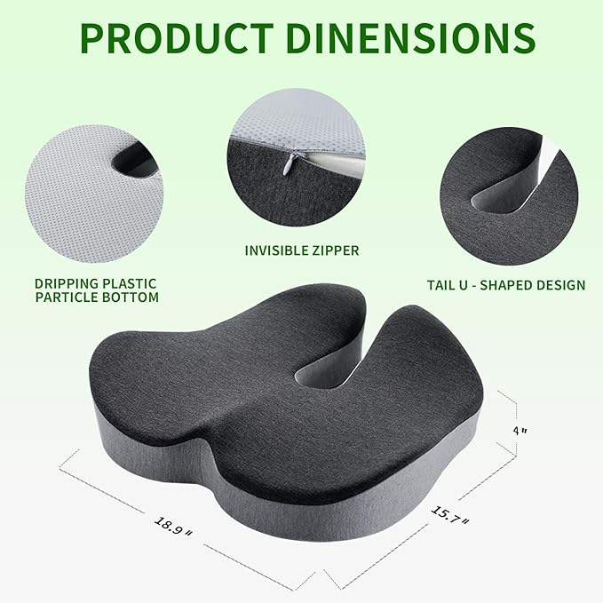 Memory Foam Seat Cushion for Office Chair Car Seat Ergonomic Chair Cushion Desk Chair Cushion for Sciatica Tailbone Hip Support Non‑Slip for Office Chairs Desk Accessories (Black)