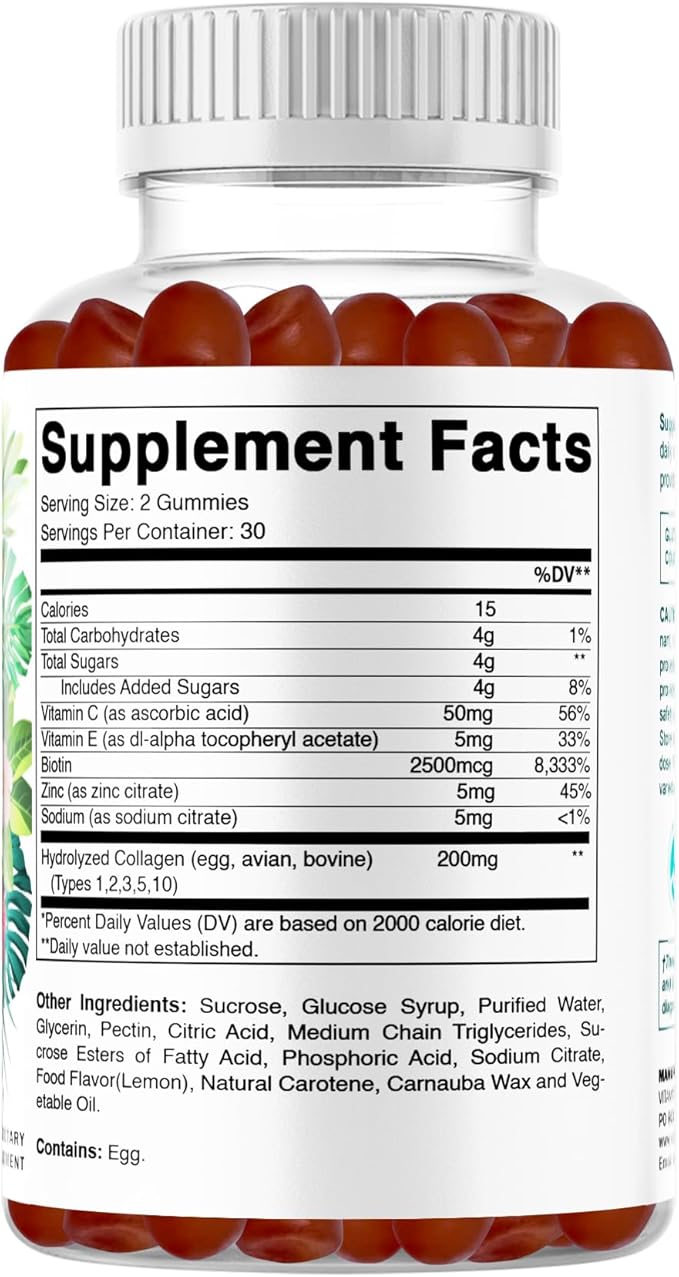 Vitamatic Hydrolyzed Collagen Gummies with Vitamin C, Zinc and Biotin, 200 mg - Healthy Skin Support - 60 Gummies
