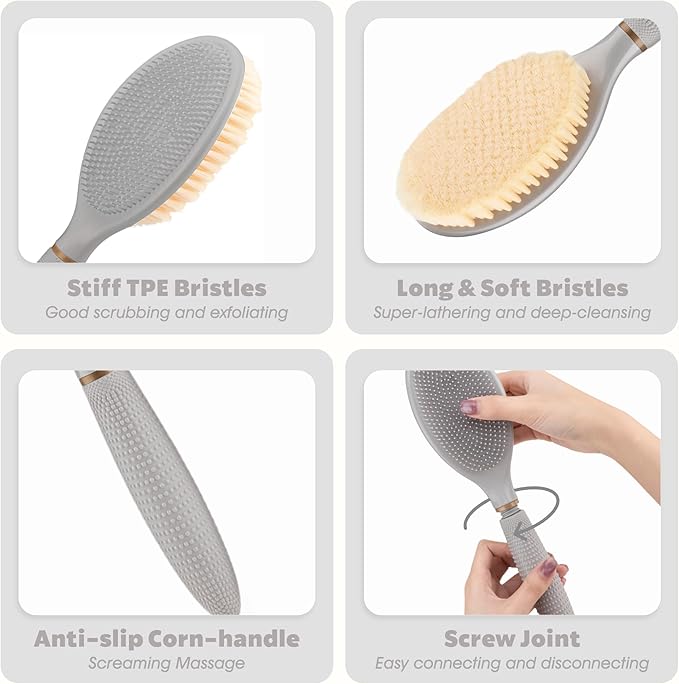 New Back Scrubber Anti-Slip for Shower, 18.9‘’ Adjustable Shower Back Scrubber with Dual-Side Head & Soft Bristles, Extra-Long Shower Brush Bath Brush for Lathering Cleansing(Gray-L)