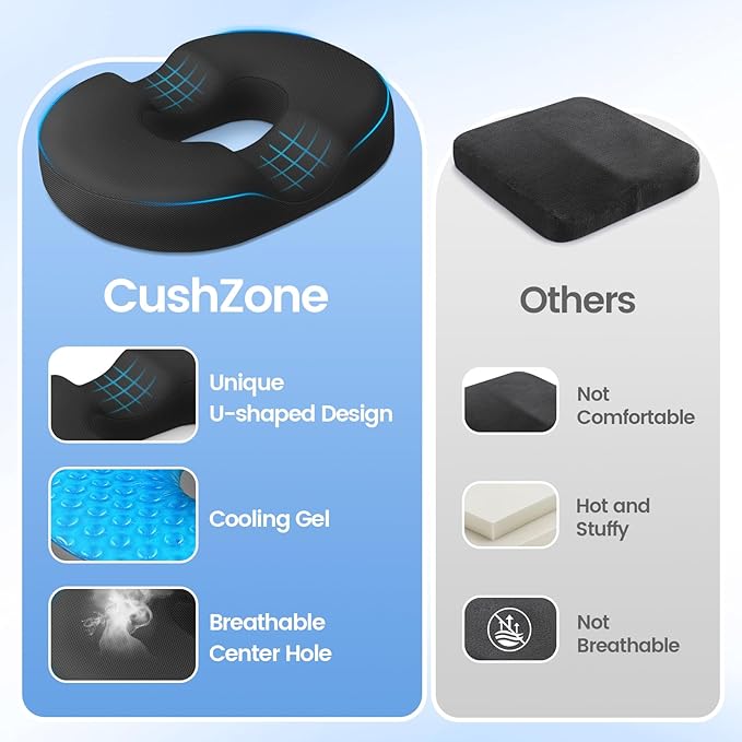 Donut Pillow Seat Cushion - Cooling Gel Floor Pillow, Memory Foam Floor Cushion for Office & Home, Car Seat, Hemorrhoids Pillow, Sciatica & Tailbone Pain Relief Chair Cushion, Black-XL