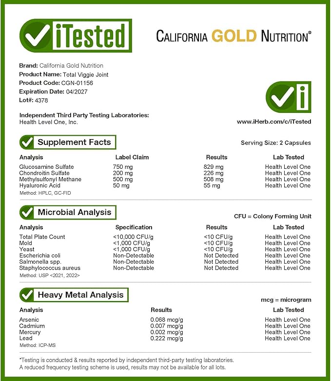 California Gold Nutrition Vegetarian Glucosamine, Chondroitin, Hyaluronic Acid, MSM, Total Veggie Joint & Bone Support Formula, Non GMO, No Soy, Gluten Free, 90 Veggie Capsules