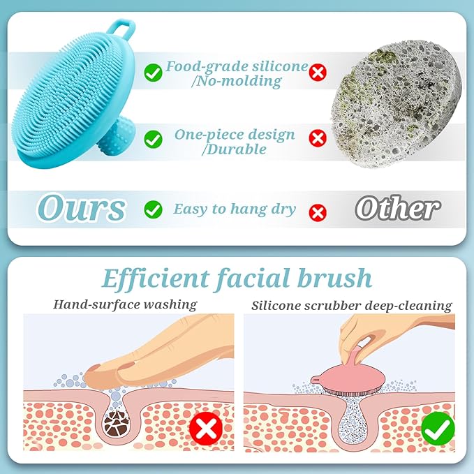 Silicone Back/Body/Face Scrubber & Soft Bath Glove Set 4PCS, Gentle Exfoliating Back & Body Scrubber with Dual-Side Brush Head, Hand-fit Bath Glove & Face Scrubber for Deep Cleaning(Blue-4PC)