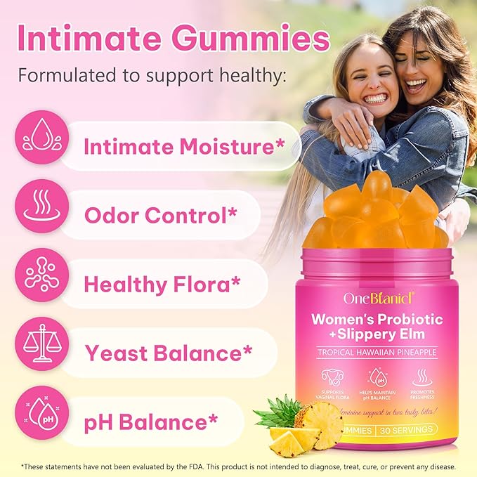 Feminine Probiotics Gummies,Vaginal Women Probiotic,Feminine Balance pH Gummies for Healthy Odor,Improve Immune,Support Vaginal Health,with Slippery Elm(60 Gummies)