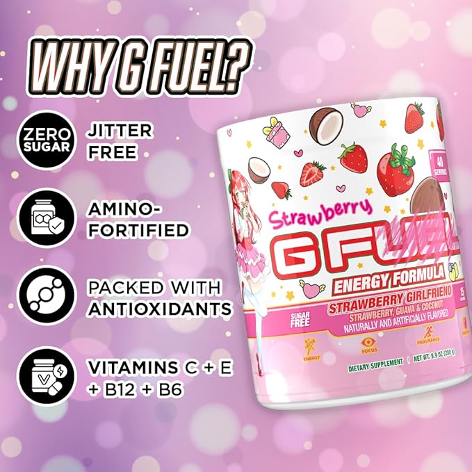 G Fuel Strawberry Girlfriend Energy Drink Powder, Pre Workout Caffeine Mix for Gaming, Sugar Free Focus Amino + Antioxidants, 9.9oz (Strawberry Guava, Coconut, 40 Servings)