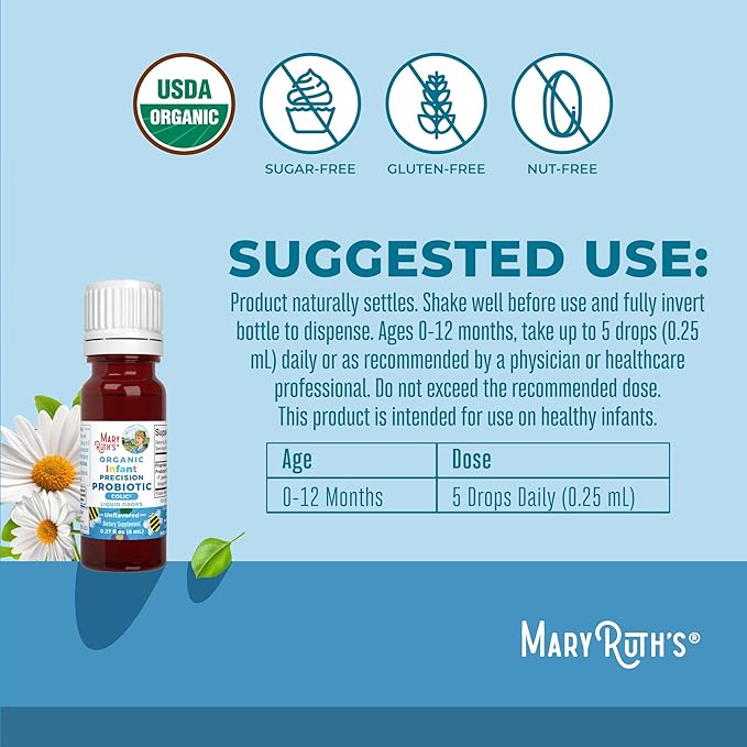 MaryRuth Organics Baby Probiotic Drops | Liquid Precision Probiotics for Digestive Health | Colic Calm | Occasional Colic Baby Relief | USDA Organic | Vegan | Baby Essentials| 30 Servings