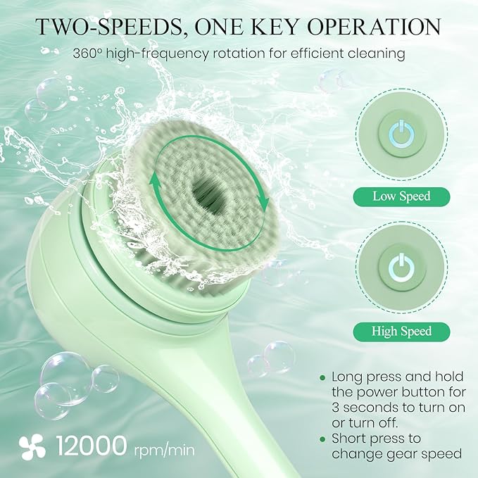 Electric Body Brush Back Scrubber for Shower, Dual Handle Auto Spinning Exfoliating Massage Bath Brush with 5 Brush Heads, Deep Cleansing, Waterproof, Rechargeable Rotating Body Brushes