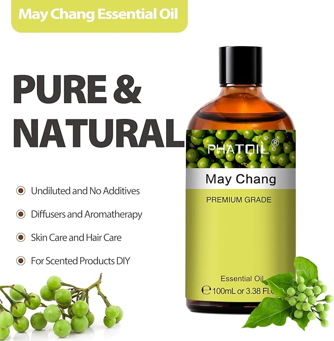 May Chang Essential Oil, Pure Premium Natural Oil for Hair Care, Body Skin Care, Aromatherapy, DIY Candle, Soap Making 3.38Fl Oz