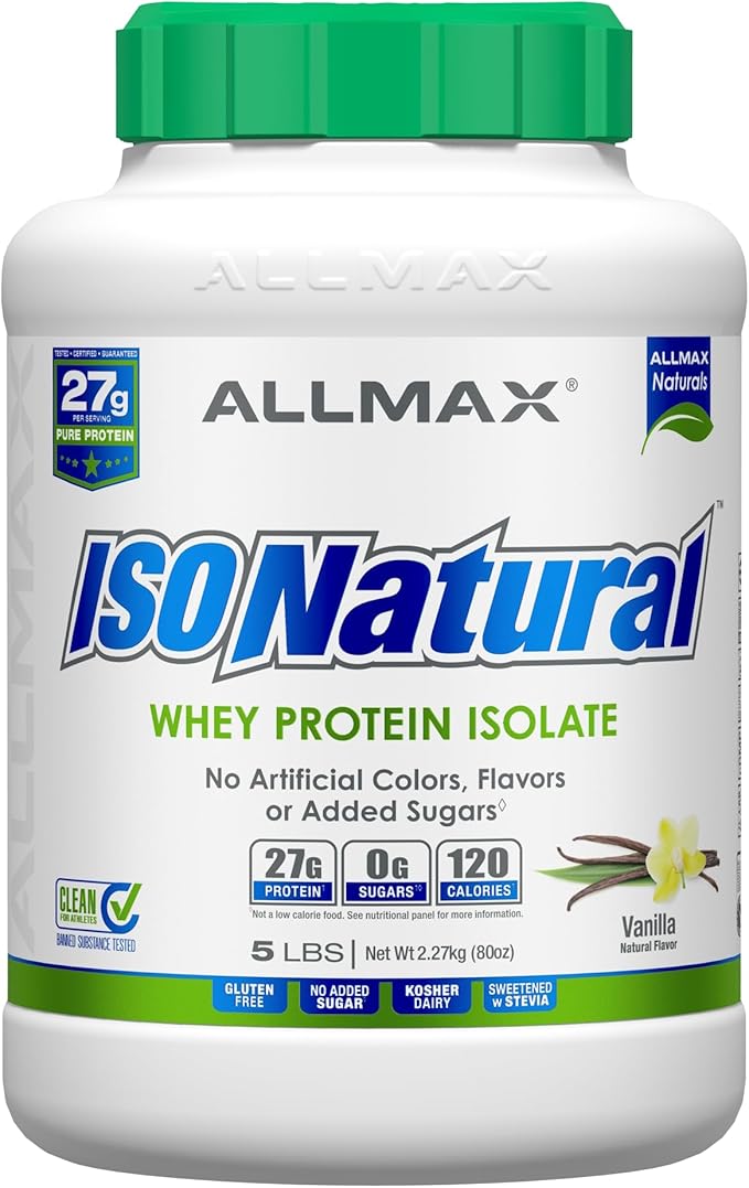 ALLMAX Nutrition ISONATURAL Whey Protein Isolate, Vanilla - 5 lb - 27 Grams of Protein Per Scoop - Zero Fat & Sugar - 99% Lactose Free - with Prebiotics - No Artificial Flavors - 73 Servings