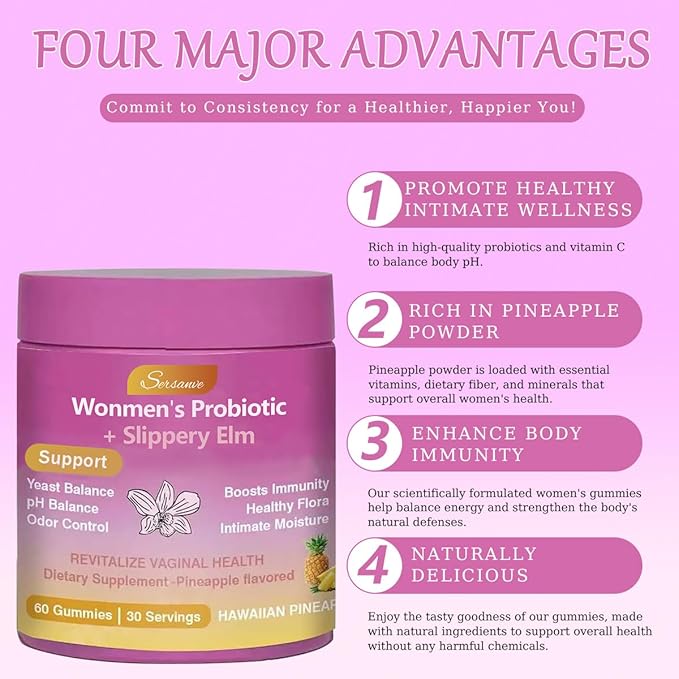 Juicy Feminine Probiotic Gummies for Women, Pineapple Flavor, pH Balance and Gut Health Support, with Slippery Elm, Vegan