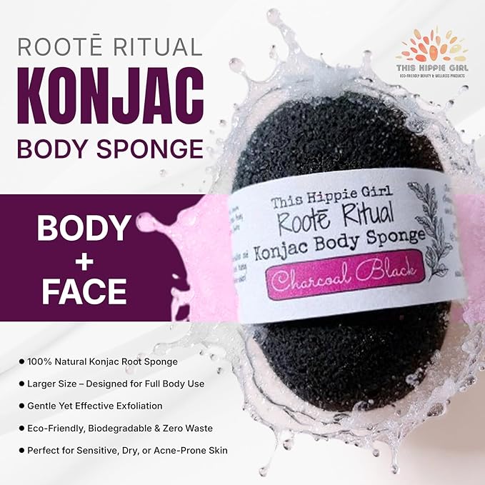 Roote Ritual Konjac Body Sponge – 100% Natural Exfoliating Shower Sponge for Sensitive Skin – Gently Deep Cleanses & Softens, Earth-Friendly, Biodegradable, Vegan – for Women, Men (Charcoal Black)