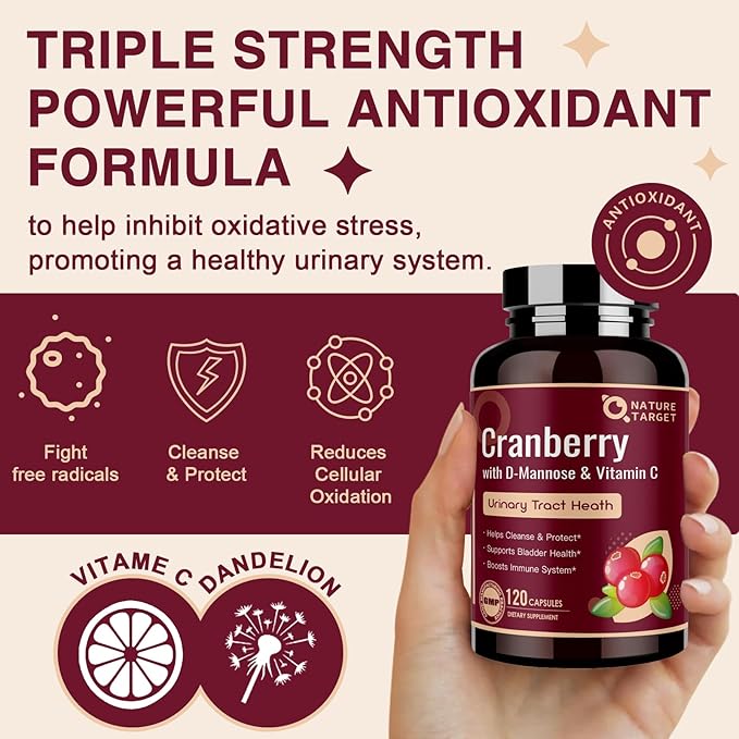 NATURE TARGET Cranberry Pills with D-Mannose for Women - Super Strength 80:1 Extract - Cranberry Supplement 16800 mg with Vitamin C, Supports Urinary Tract Health, Bladder Control, 120 Veggie Capsules