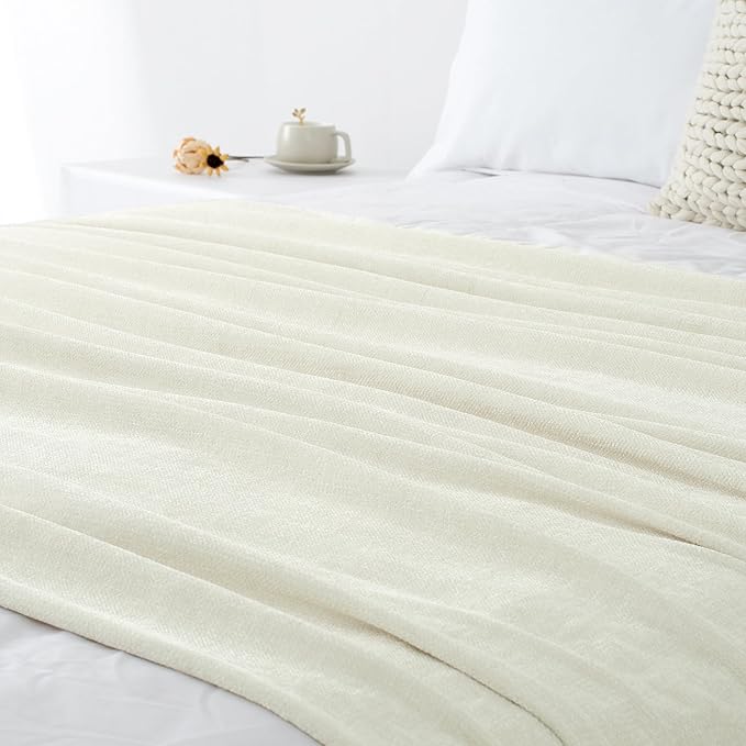 Chenille Throw Blanket for Couch 60"X 80" Twin, Soft Cozy Throws with Fringe Tassel for Bed Sofa Chair Cover, Lightweight Knitted Decorative Boho Blankets for Living Room, Ivory White