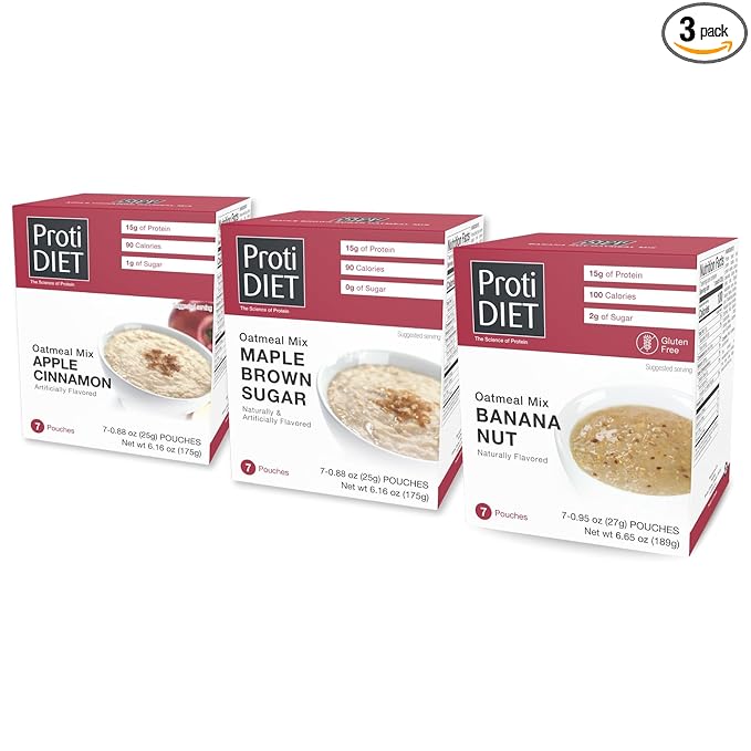 ProtiDIET High Protein Oatmeal Variety Pack - Apple Cinnamon, Maple Brown Sugar and Banana Nut - High Fiber, Low Calorie Diet for Adults - 7 Pouches Each Box