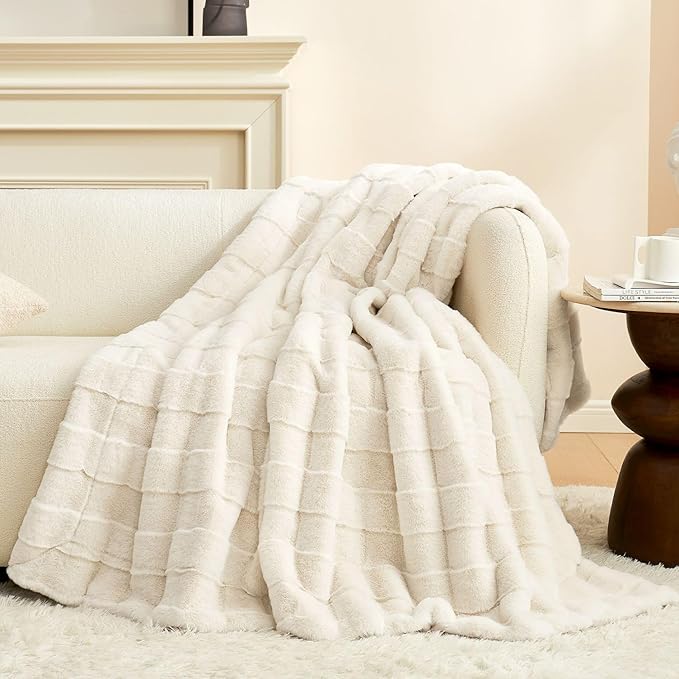 Cozy Bliss Fluffy Faux Fur Throw Blanket for Couch,Lightweight Cozy Soft Cream White Throw Blankets for Sofa Bed Living Room,50x60 Inches