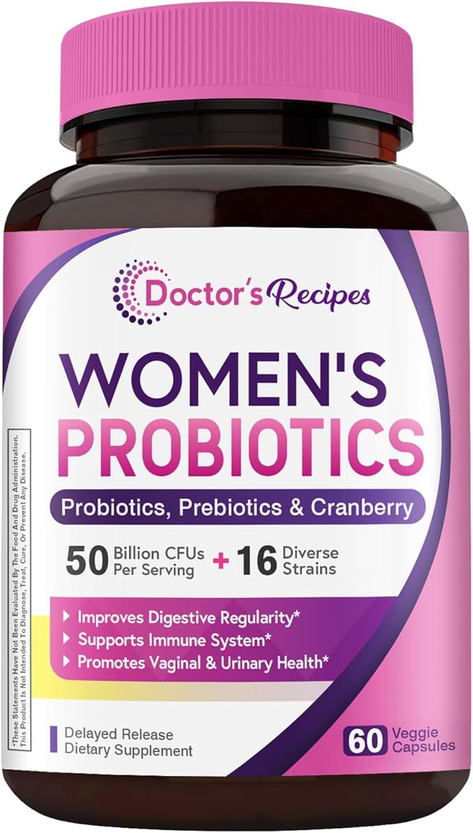 Doctor's Recipes Women’s Probiotic, 60 Caps 50 Billion CFU 16 Strains, with Organic Cranberry, Digestive Immune Vaginal & Urinary Health, Shelf Stable, Delayed Release, No Soy Gluten Dairy