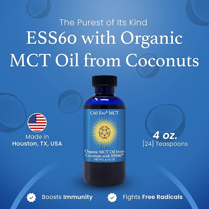 MCT Oil from Coconuts with C60 ESS60, Immune Support, Sleep Aid Rich in Antioxidants, Flexibility and Joint Support Supplement, Promotes MCT Wellness for Energy Boost (4 oz)