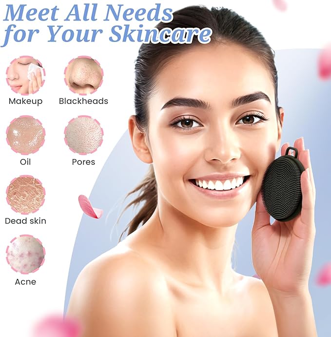 Silicone Back & Body & Face Scrubber Set 3PCS, Gentle Exfoliating Back & Body Scrubber with Dual-Side Brush Head, Hygienic Silicone Loofahs with Soft Bristle and Non-Slip Handle(Black-3PC)